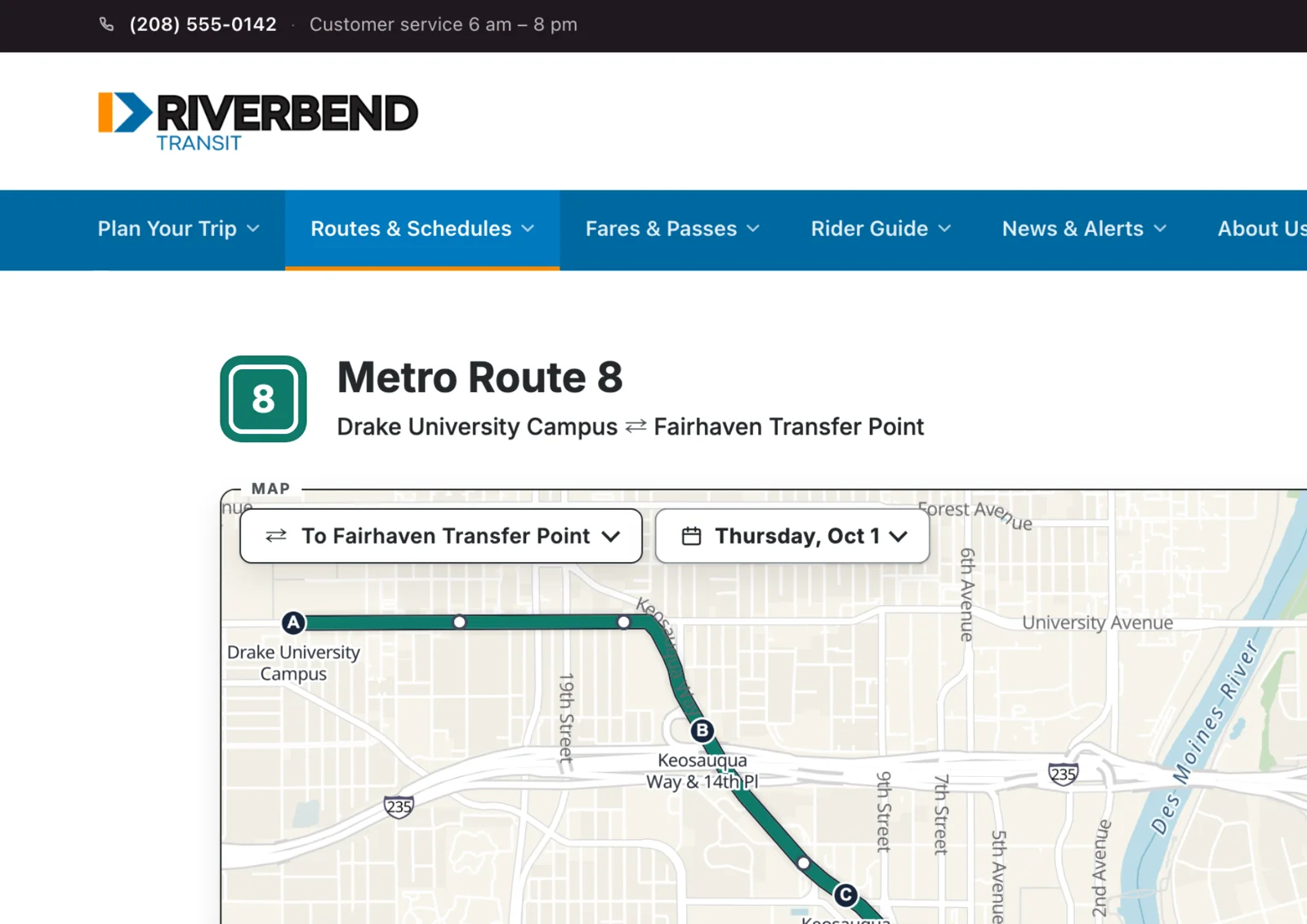 Riverbend Transit's own website, with its phone line, logo and blue navigation bar, and a RoutePress route page embedded below them: Metro Route 8, Drake University Campus to Fairhaven Transfer Point, with its direction and date pickers and the line drawn on a map with lettered stops.