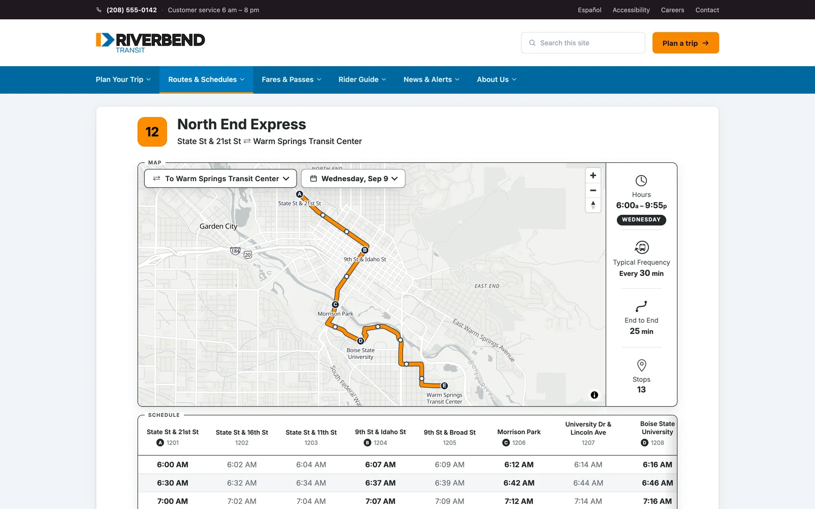 A RoutePress route page embedded in a transit agency's own website: the agency's masthead and navigation above, and below them route 12's map, timetable and Route details panel of frequency, hours and fares — all in the agency's own colours and fonts.